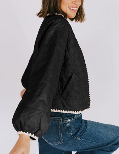 Women's Quilted Jacket Long Sleeve Cardigan Button Coat Fall Outerwear Short Lightweight Padded Coats Pockets (Black-M)4