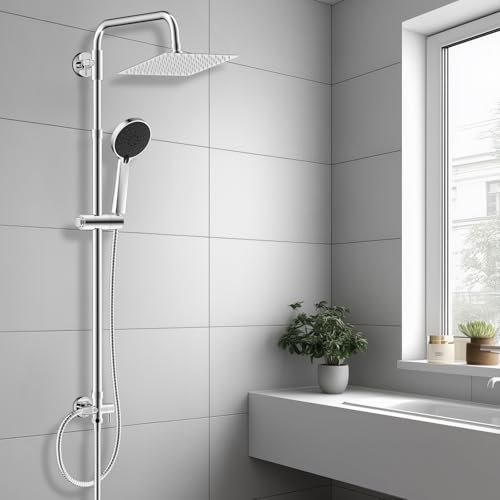 ‌Hibbent Set de Ducha de Lluvia en Metal con Mano 3 Modos, Altura Ajustable, Kit sin Grifería, Válvula de Desvío en Latón, Cromado