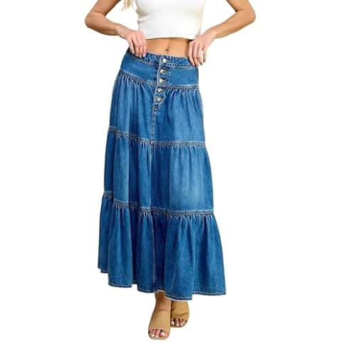 Women's Juniors Denim Long Flare Bottom Tiered Maxi Skirt in M.Blue Wash Size XS Cover