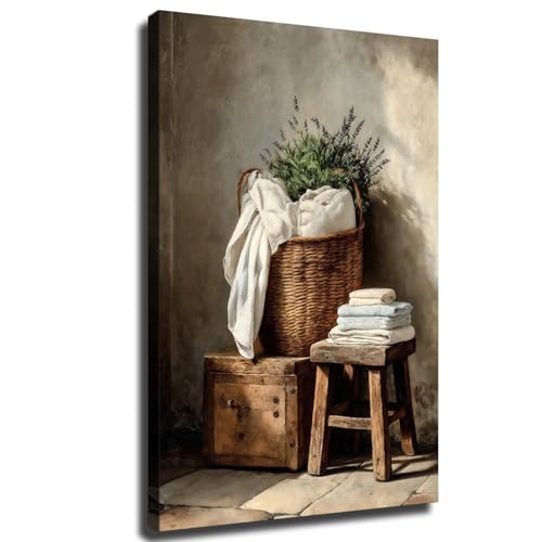Laundry Wall Art, Rustic Basket and Linen Still Life Canvas