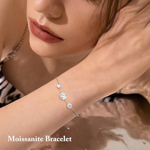 WOAINI Adjustable Sterling Silver Bracelet with 4 or 5 Moissanite Pendants Bezel-Setting, Moissanite bracelets Diamond-Alternative Gift for Women, 6.5"+2", Gold-Plated2