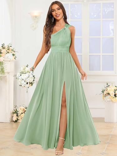 GUKARLEED Women’s Long One Shoulder Bridesmaid Dresses Ruffles Floral Chiffon A-line Wedding Guest Formal Dress with Slit2
