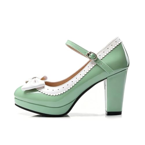 HILIB Women's High Heel Lolita Shoes Cute Bowknot Mary Jane Shoes, Green, 4