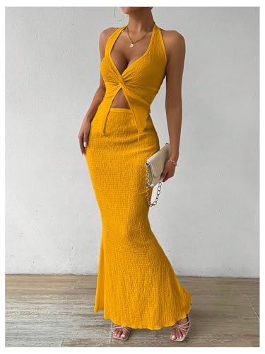 Image of SOLY HUX Women's Two Piece Outfits Twist Front Halter Cami Tops and Skirt Summer Set
