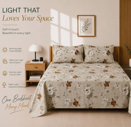 Image of BSB HOME 210 TC Cotton Feel Double Bedsheet with 2 Pillow Covers, Soft & Breathable Floral Printed Bed Sheet, Easy Care Bedding for Bedroom - 86 x 88 Inches (218 x 224 cm) (Warm Ecru)