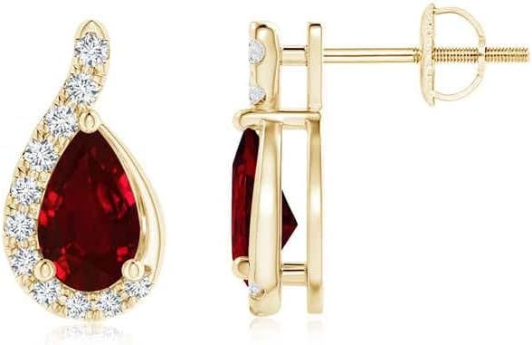 ANGARA Pear Ruby Earrings with Diamond Swirl Frame in 14K Solid Gold/Platinum | Natural Ruby Earrings for Women | July Birthday, Anniversary, Red Gemstone Jewelry Gift - Image 2