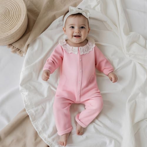 Newborn Infant Baby Girl One-Piece Baby Girls Fall Romper Lace Ruffled Long Sleeve Button Down Waffled Jumpsuit3