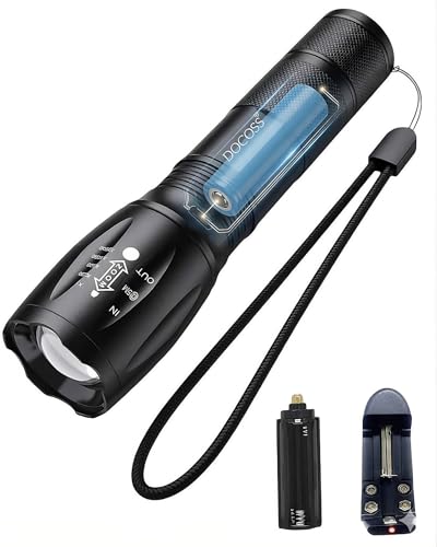 DOCOSS Metal Rechargeable Battery LED Torch High Power Long Distance with Adjustable Focus & Charger,Torch Lights with 5 Modes, Black