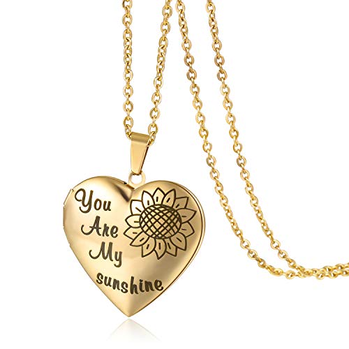 Locket Necklace for Mom Daughter Wife Girlfriend - You are My Sunshine Sunflower Necklace That Holds Pictures Jewelry, Inspirational Memory Gifts for Her on Birthday Christmas Mother's Day(Gold)