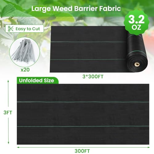 Weed Barrier Fabric, 3x300ft Landscape Fabric, 3.2oz Heavy Duty Durable Woven Geotextile Fabric, High Permeability Ground Cover Mat, Driveway Fabric, Garden Weed Control Cloth with 20 U-Securing Pegs - Thumbnail 6
