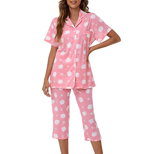 Image of Tugege Capri Pajamas Set Womens Button Down Short Sleeve Lounge Sets Sleepwear Notch Collar Top & Capri 2 Piece PJ Sets