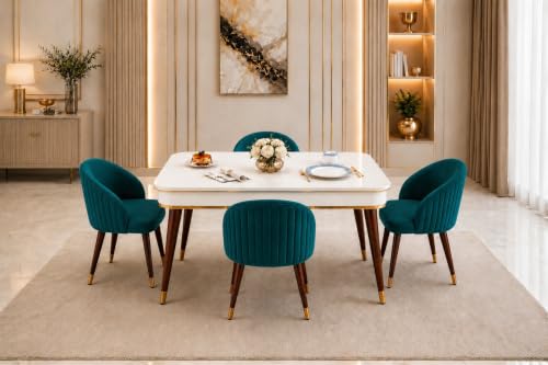 Image of WOODEN SPACE 4 Seater Wooden Dining Table Set | Urban Marble Top Dining Table with Chairs for Dining Room & Kitchen (Majestic Classic Backline Sea Blue) (42 x 42 x 30 inch)