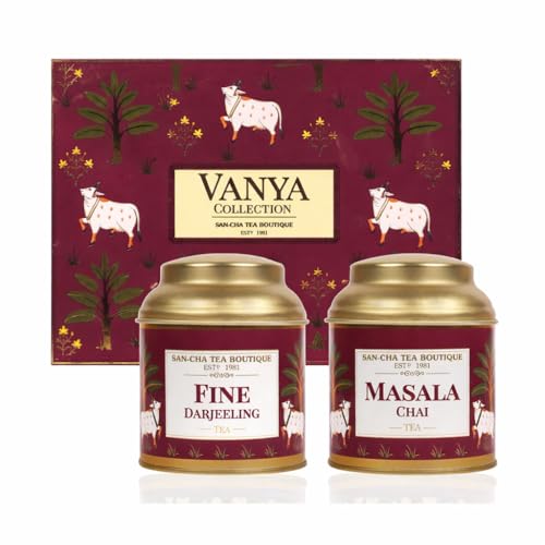 Image of Sancha Tea Boutique, Vanya Collection, Tea Gift Box, Roasted Darjeeling & Masala Chai, 50g x 2 Loose Leaf Teas, Premium Indian Gift Hamper