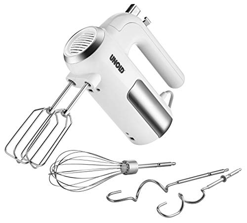 Unold 78710 Handmixer - Mixer, Weiß, 450W, Edelstahl, BPA-frei, spülmaschinengeeignet, 5 Geschwindigkeitsstufen, Aufschlagen, Rühren, Kneten, Auswurftaste, Sahne schlagen, Kuchen- und Brotteig rühren