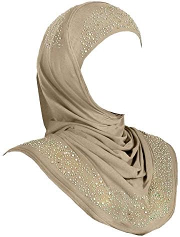 Zelfa One Piece Head Hijab Scarf For Women Lycra Amira With Rhinestones (Beige)