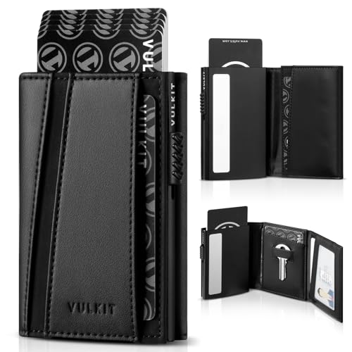 VULKIT Pop Up Card Holder Minimalsit Wallet Metal Card Case RFID Blocking With Coin Purse And Key Hole For Men Black