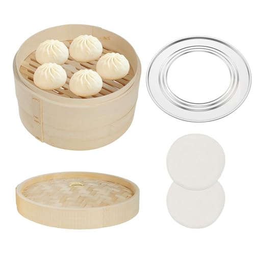 Vaporizador de bambú de 2 niveles, diámetro de 25 cm, vaporizador de bambú con tapa, cesta de vapor asiática con 2 paños de algodón, para arroz, dim sum, verduras, pescado y carne (color de registro)