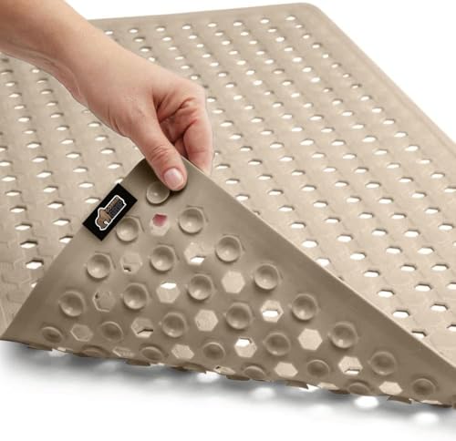 GORILLA GRIP Patented Bath Tub Shower Mat, Machine Washable Bathtub Floor Liner Mats, Suction Cups and Drain Holes to Keep Tubs Clean, Soft on Feet, Bathroom Essentials, 35x16 Inch, Beige