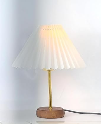 Bambu Tabanlı Modern Gold Metal Ayaklı 22'lik Pileli Beyaz Kumaş Şapkalı Mini Abajur Masa Lambası [Enerji Sınıfı A]