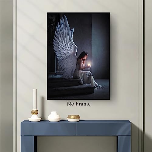 White Angel Painting Angel Wings Poster Modern Black And White Pictures Praying Woman Wall Art Dark Blue Artwork Abstract Angel Painting Wings Canvas Wall Art Aesthetic Woman Posters 16X24In No Frame #TOP6