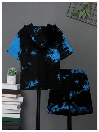 Image of SweatyRocks Boy's 2 Piece Outfits Tie Dye Short Sleeve Hooded Top and High Waisted Shorts Summer Clothes Sets Blue 10Y