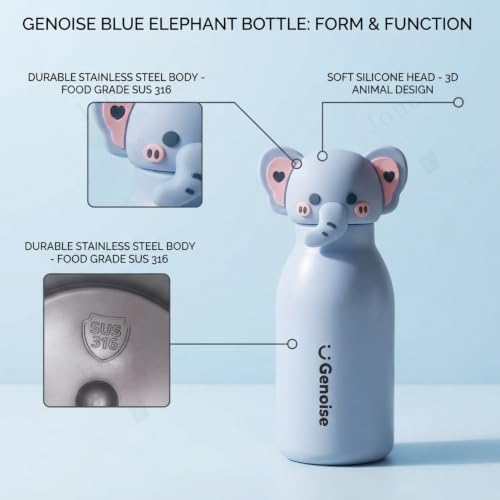 Image of JOUET Kids Stainless Steel Water Bottle 450ml with Lavender Elephant Character Lid, Leakproof Straw Bottle for School, Travel & Daily Use