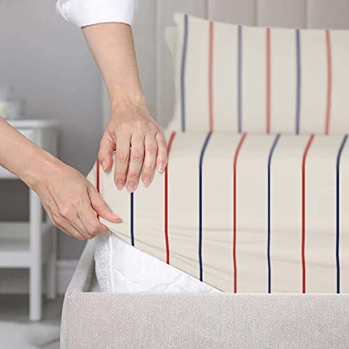 Image of SleepyCat 200TC Percale Fitted Sheets with 2 Pillowcases | 100% Breathable Cotton Bedsheet | Cool & Crsip Feel | 360 Elastic Grip for Easy Tuck| Sailor Stripes, Queen Size, 78x60 Inch