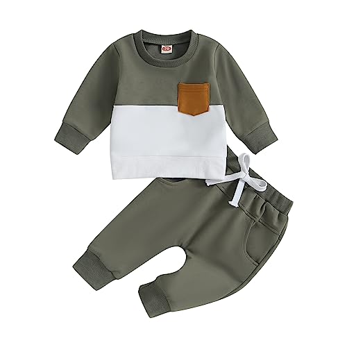 Toddler Baby Boy Clothes Color Block Sweatshirt Pullover Tops Jogger Pants 2Pcs Fall Winter Sweatsuit Outfit (Army Green 2, 0-6 Months)