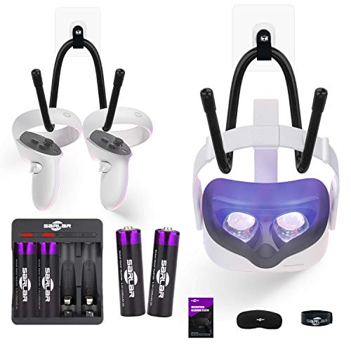 SARLAR VR Wall Mount Hook Stand and 4 AA NIMH Rechargeable Batteries and Charger Accessories Set for Oculus Quest 2/ Quest/ Rift S, HP Reverb G2 Headset and Touch Controllers