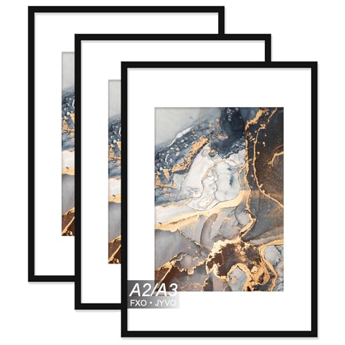 Fxojyvo A2 Frame Set of 3, Display Poster A3 with Mat or A2 Without Mat, Light Weight and High Transparent Picture 16.5x23.4 Frame for Wall - 3 Pack/Black