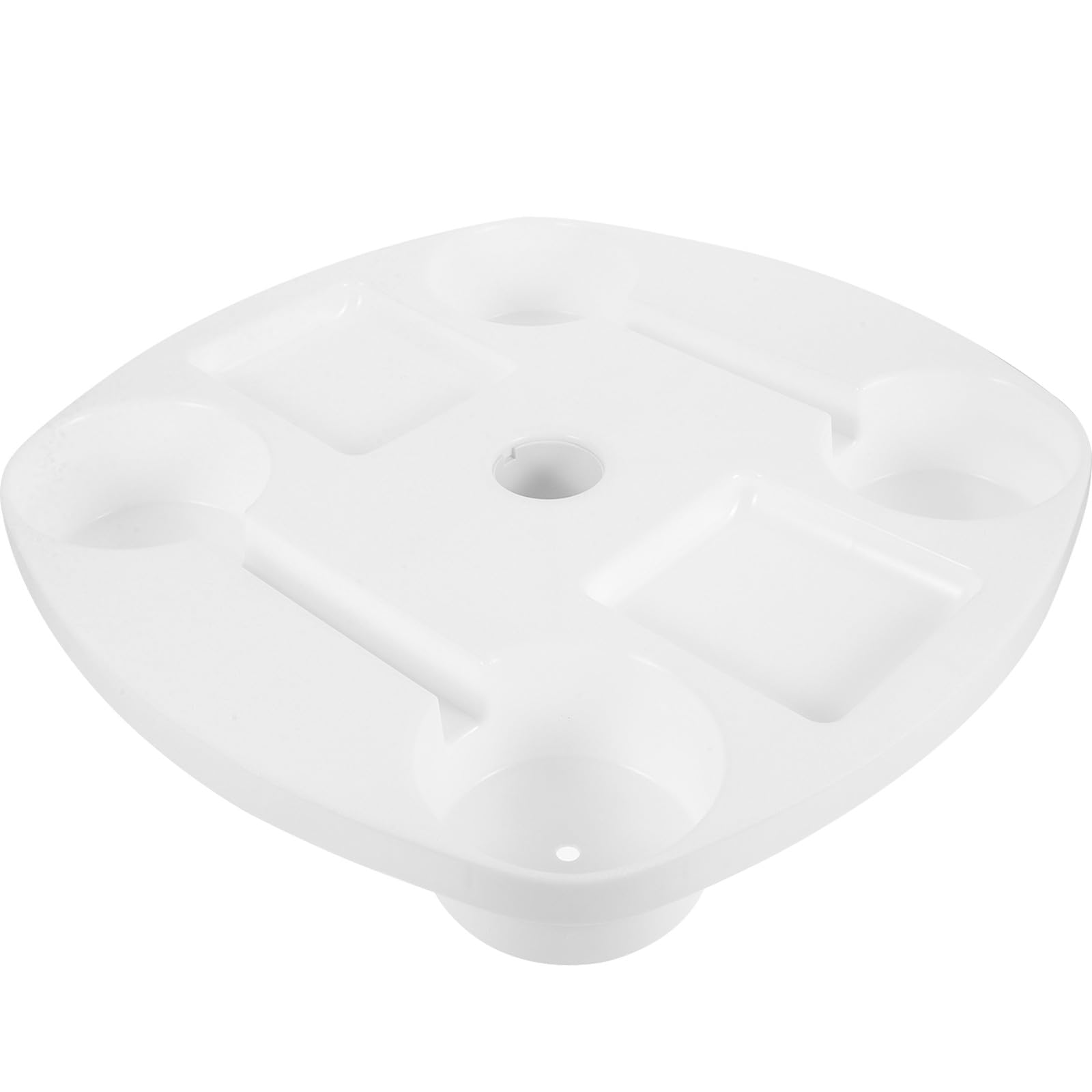 Bandeja de mesa blanca para sombrilla de 37 x 37 x 5,2 cm con portavasos y compartimento para aperitivos, base de plástico para uso al aire libre, perfecta para playa, piscina y camping