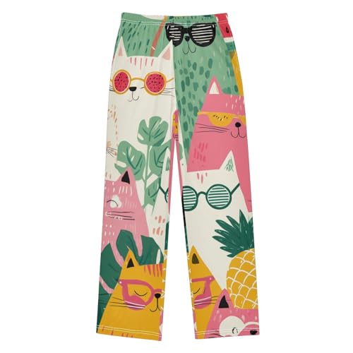 Cat Watermelon Print Boys Long Pants Soft Trousers Elastic Waist Kids Lounge Bottoms with Pockets S-XL