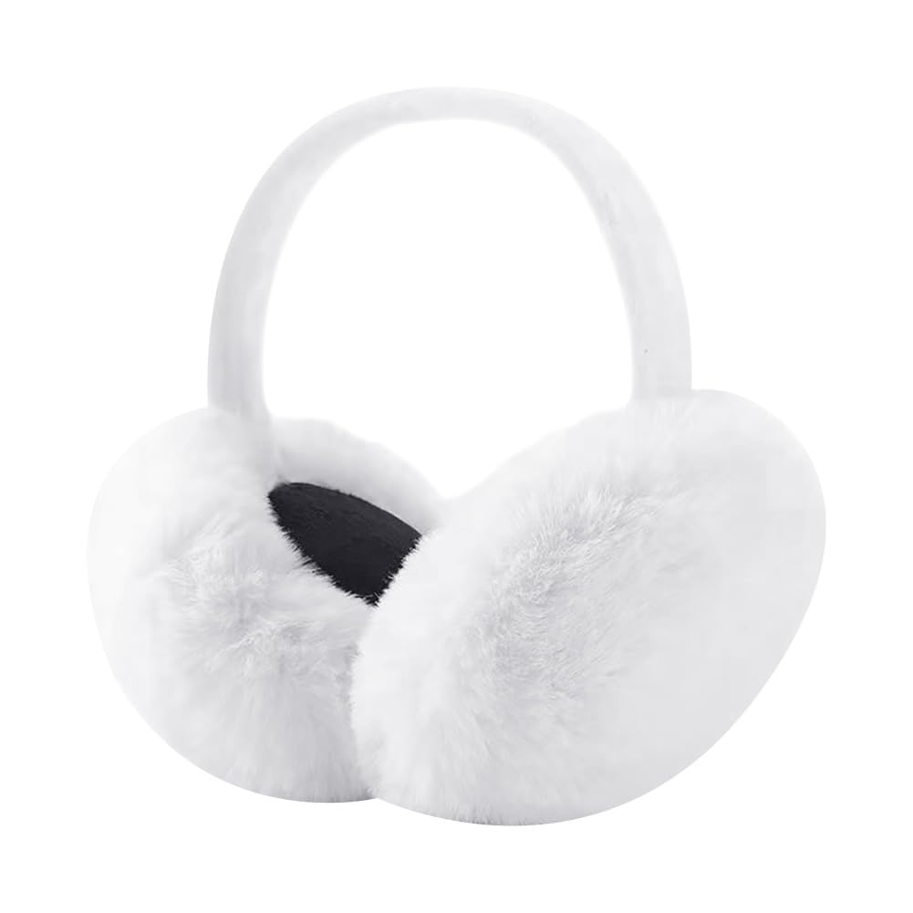 HugeDE Faux Fur Ear Warmers - Foldable Winter Ear Muffs Women Fuzzy Earmuffs White