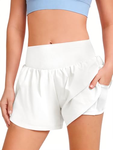 Haloumoning Girls Athletic Shorts Kids Qucik Dry High Waisted 2 in 1 Running Biker Shorts with Pockets 5-14 Years White