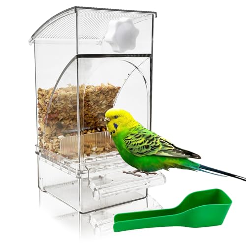 Hamiledyi No Mess Bird Feeder Automatic Transparent Acrylic Parrot Seed Food Container with Perch Bird Cage Accessories for Parakeet Finch Lovebirds Budgies Canary