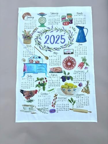 2026 Calendar Linen Cotton Blend Towel, 16x26 inches, Farm Illustrated Linen Calendar