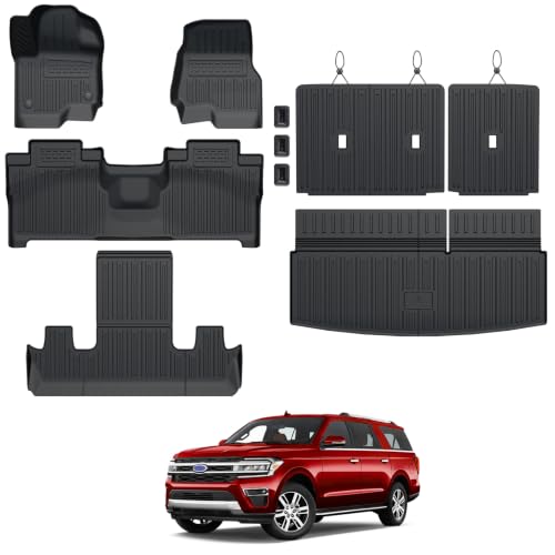 Image of Floor Mats for 2018-2024 Ford Expedition 7-Seat Accessories | Compatible with Lincoln Navigator, Full-Coverage Set with Cargo Liner & Backrest Protector, Odorless & Durable, 3D Laser Fit