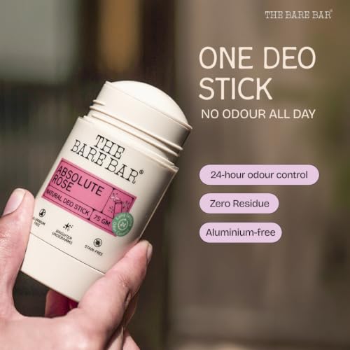 Image of The Bare Bar Absolute Rose Natural Deodorant Stick 75g | Up to 24-Hour Odour Control | Long-Lasting Freshness | Aluminium-Free, Baking Soda-Free | No White Marks, No Staining | For Men & Women