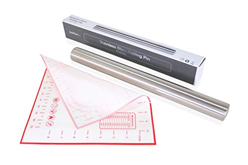 French Rolling Pin for Baking with Pastry Mat - 15.75" Stainless Steel