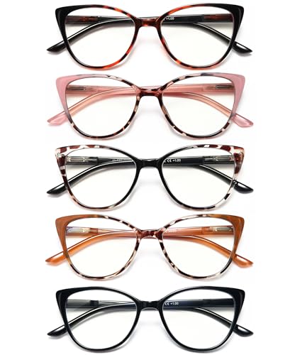 EYEURL 5 Pack Cat Eye Reading Glasses for Women-Blue Light Glasses for Woman Fashion Readers with Spring Hinge Computer reading glasses.1.5