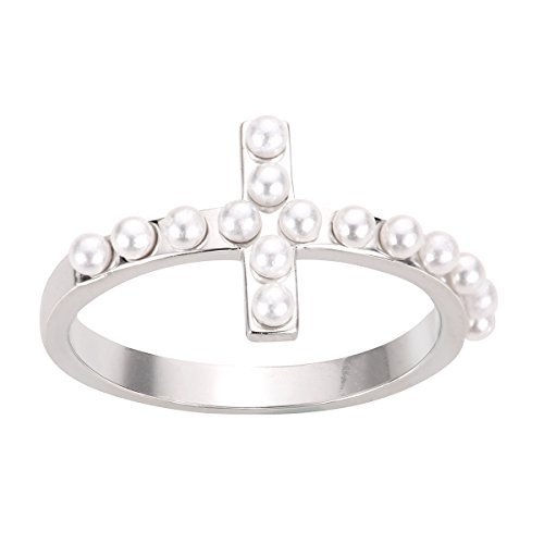 Closeoutwarehouse Simulated Pearl Sideway Cross Ring Sterling Silver Size 6 #TOP1