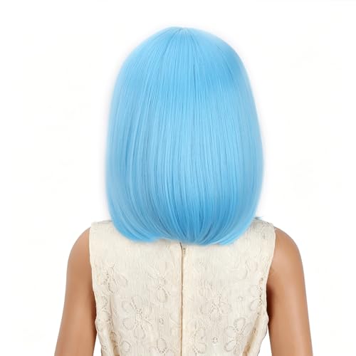 Image of Kids Blue Wig Girls Bright Blue Bob Wig Child Short Bob Wig Middle Part Wig for Kids Synthetic Wigs with Wig Cap