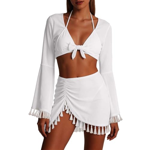 Ensemble de Plage 4 pièces pour Femme avec Jupe résille à Franges, paréo Assorti et Maillot de Bain Une pièce ou Tankini, Taille du S au XL, idéal pour la baignade et Les Vacances d'été (White, L)