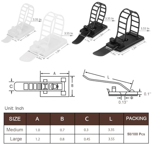 Vamrone WIRE MANAGEMENT CLIPS Adhesive Cable Management Clips, 50Pcs Adjustable Nylon Cable Strap Ties Wire Clips Clamps Organizer thumb #6