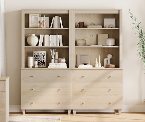 WAMPAT 71" Tall Bookcase with 6 Drawers & Open Shelves, 2 Column Modern 3-Tier Bookshelf with Adjustable Shelf, 71" Wide Wooden Display Book Shelf for Home Office, Living Room, Bedroom, Light Oak