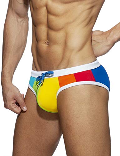 MIZOK Men's Rainbow Strips Nylon Bikini Swim Briefs Drawstring Sexy Low Rise Swimwear