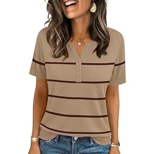 LOMON Womens Short Sleeve Sweater V Neck Lightweight Knit Summer Fall Tops Henley Button Pullovers Apricot-coffee Stripes XX-Large