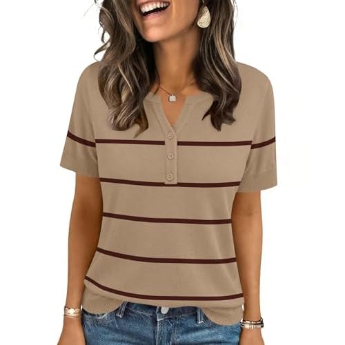 LOMON Womens Short Sleeve Sweater V Neck Lightweight Knit Summer Fall Tops Henley Button Pullovers