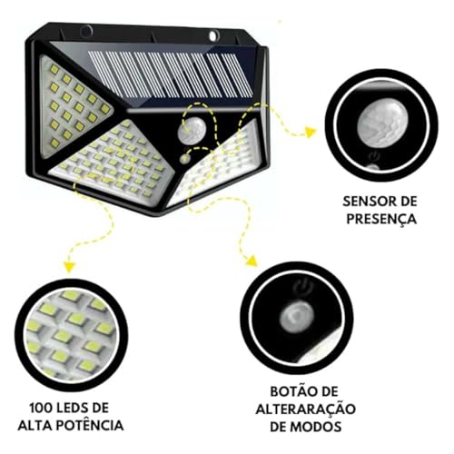 Luminária Energia Solar Refletor Para Área Externa com 100 LEDs Sensor de Presença Automático Luz Br
