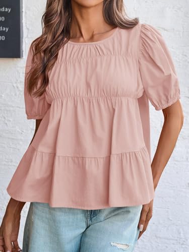 Image of Tankaneo Womens Puff Sleeve Peplum Babydoll Tops Summer Flowy Pleated Cotton T-Shirts Casual Loose Fit Cute Blouse